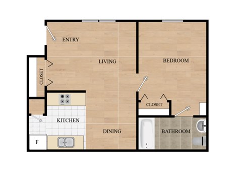 Floor plan for 1 bed, 1 bath, 600 sqft
